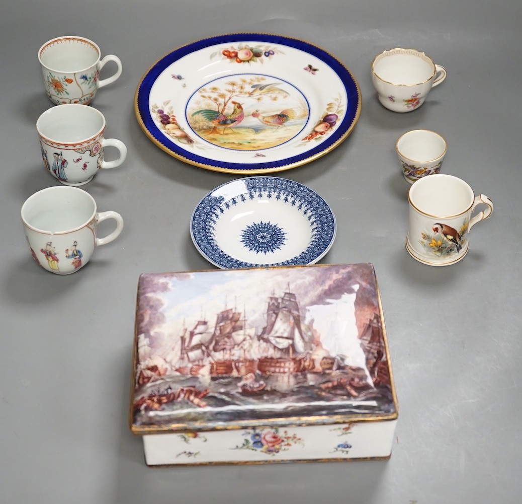 A 19th century enamel on copper trinket box, depicting a shipping fleet, together with a Chamberlain’s Worcester bird plate, a Royal Worcester coffee cup, a Meissen tea cup and three Chinese export cups (9)